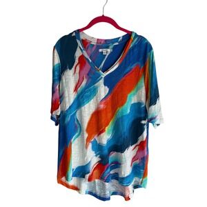 CHICO'S Abstract Colorful Ladies Elbow Sleeve‎ A-Line Tee, 3/XL